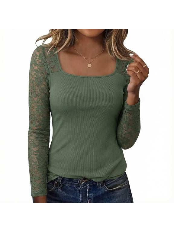 MOJOGO Lace Patchwork Blouse for Women Casual Square Neck Pullover Tops Classic Spring Summer Tops for Daily Wear Sage Green M