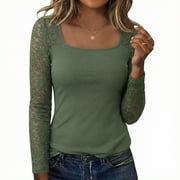 MOJOGO Lace Patchwork Blouse for Women Casual Square Neck Pullover Tops Classic Spring Summer Tops for Daily Wear Sage Green XL
