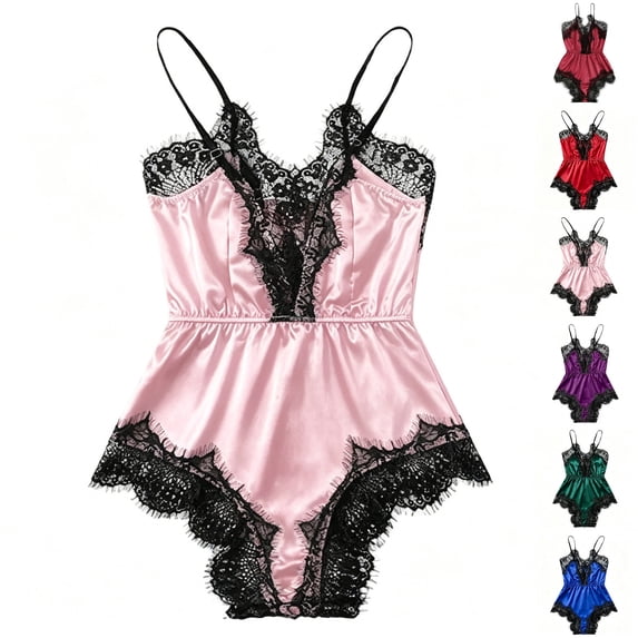 MOJOGO Lace Romper for Women Satin Deep V High Cut Sleep Bodysuit Soft Thin Strap Nightwear Pink S
