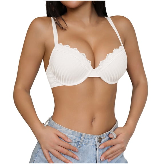 MOJOGO Lace Trim Underwire Bralettes for Women Push Up Bra Textured Bras with Adjustable Strap S