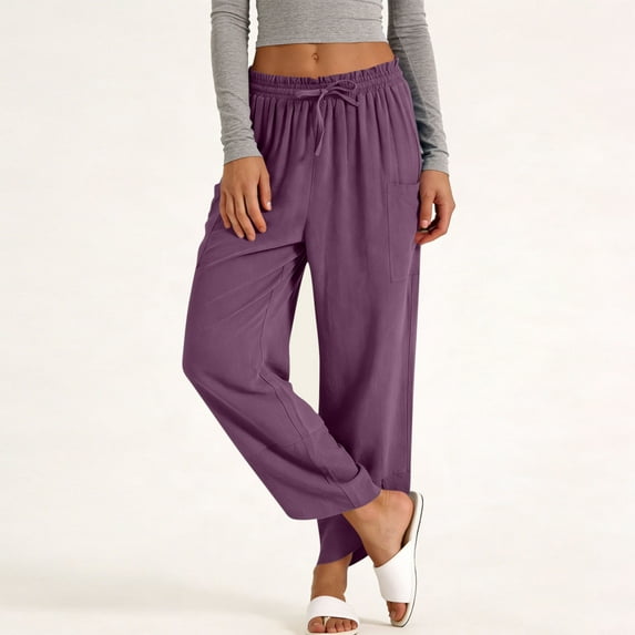 MOJOGO Lightweight Capris for Women Casual Drawstring Side Slit Pants Comfortable Spring Summer Pants for Everyday Wear Purple L
