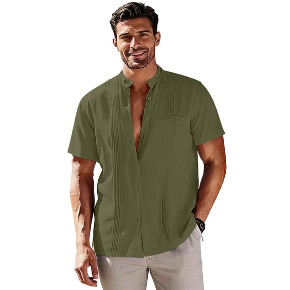 MOJOGO Linen Blend Shirt for Men Stand Collar Pleated Front Tops Short Sleeve Casual Button Down Tops L