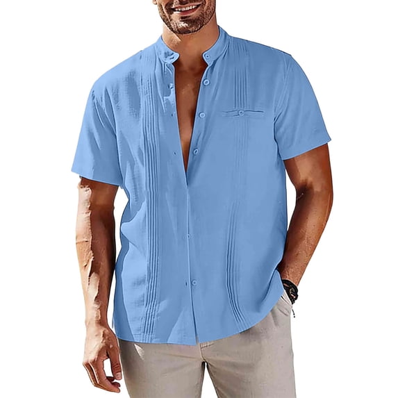 MOJOGO Linen Blend Shirt for Men Stand Collar Pleated Front Tops Short Sleeve Casual Button Down Tops XL