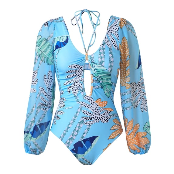 MOJOGO Long Sleeve Swimsuits for Women Sun Protection One-Piece Swimsuit Halter Tie Beachwear with Chest Cutout Breathable Bathing Suit XL