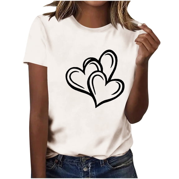 MOJOGO Loose T-shirt Tops for Women Heart Printed Short Sleeve Crewneck Tees Casual Daily Tops for Valentines Day White S