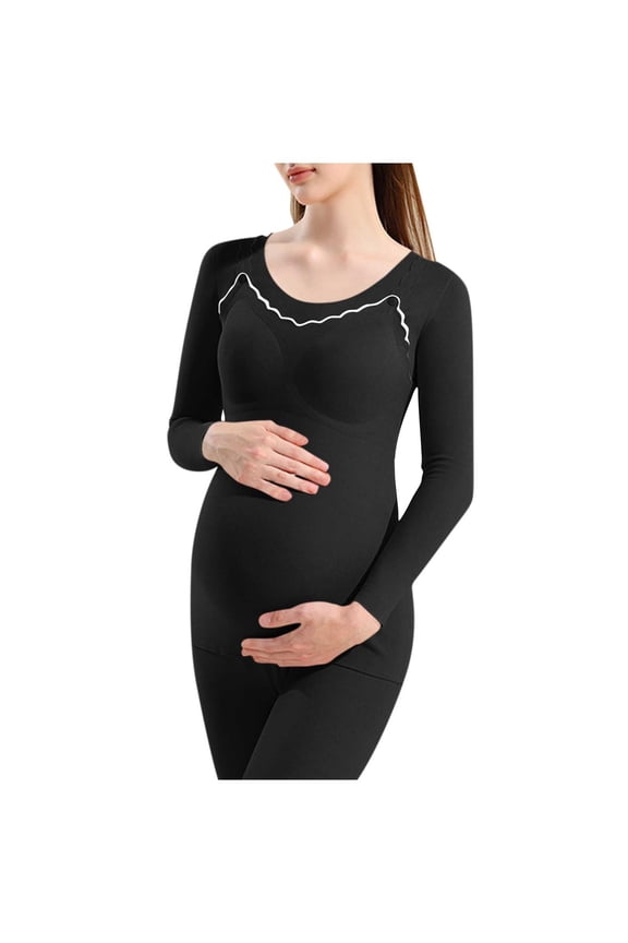 MOJOGO Maternity Thermal Tops for Women Strenchy Crewneck Long Sleeve Base Layer Cozy Underwear Top with Detachable Pad Black L