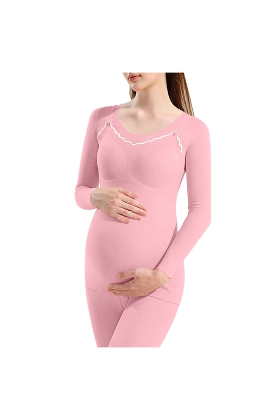MOJOGO Maternity Thermal Tops for Women Strenchy Crewneck Long Sleeve Base Layer Cozy Underwear Top with Detachable Pad Pink 3XL