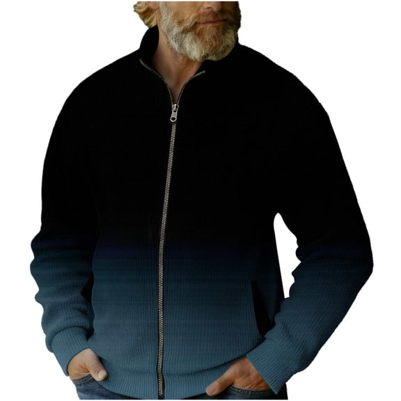 MOJOGO Men Zip Up Jackets Casual Solid Hooded Sweatshirts Gradient Long Sleeve Outdoor Coat Fall Spring Outdoor Hoodie Navy XL