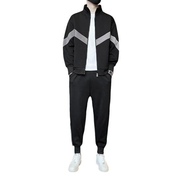 MOJOGO Men's 2 Piece Athletic Outfits Sets Color Block Zipper Jacket Long Jogger Casual Matching Tracksuits for Sports Black M