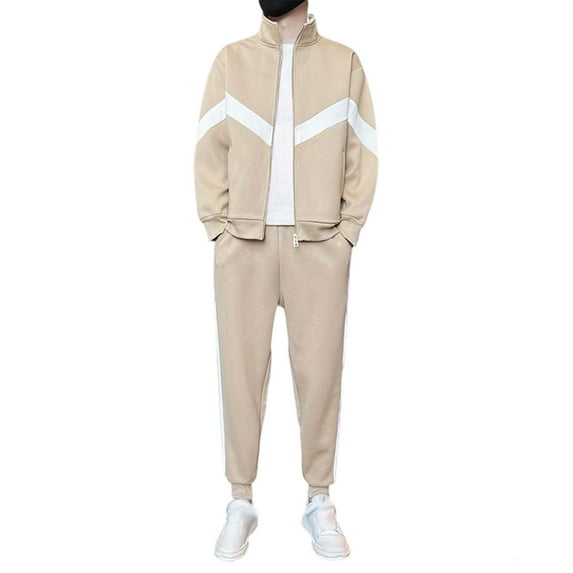 MOJOGO Men's 2 Piece Athletic Outfits Sets Color Block Zipper Jacket Long Jogger Casual Matching Tracksuits for Sports Khaki XL