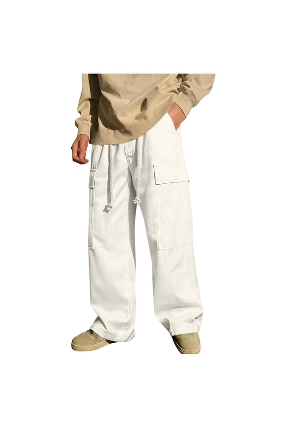 MOJOGO Men's Casual Pants Heavywight Long Drawstring Cargo Pants Loose Chino Pant with Pockets White 2XL