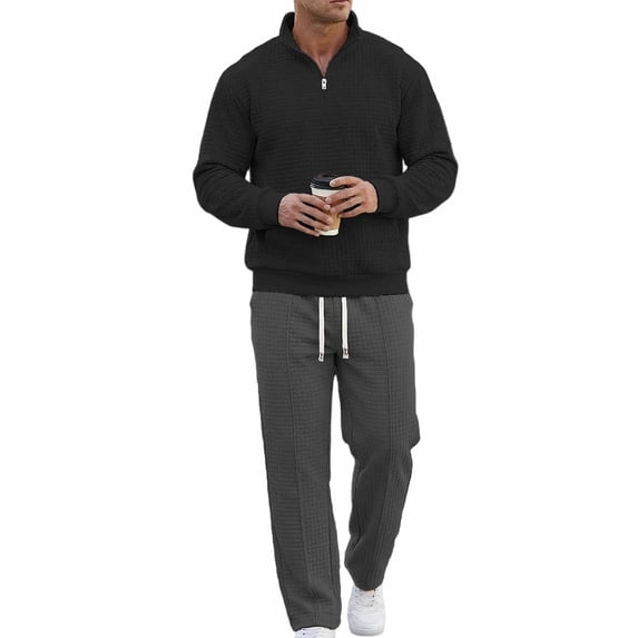 MOJOGO Men's Lounge Set Casual Half-Zip Stand Collar Pullover Tops Wide Leg Pants Sweatshirt Sweatpants Set for Spring Fall Gray 2XL