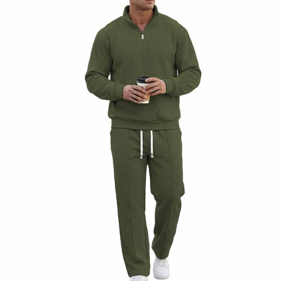 MOJOGO Men's Lounge Set Casual Half-Zip Stand Collar Pullover Tops Wide Leg Pants Sweatshirt Sweatpants Set for Spring Fall Olive Green 2XL