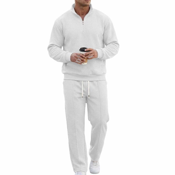 MOJOGO Men's Lounge Set Casual Half-Zip Stand Collar Pullover Tops Wide Leg Pants Sweatshirt Sweatpants Set for Spring Fall White S