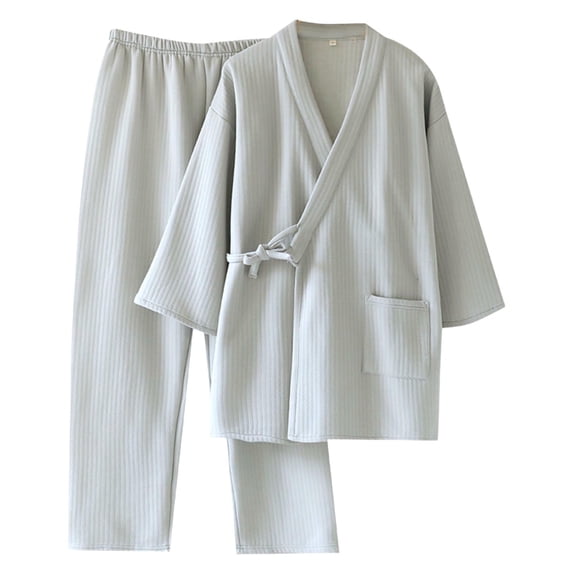 MOJOGO Men's Pajamas Set Solid Color Long Sleeve Kimono Robe with Pants Spa Sauna Bathrobe Sleepwear Set Loungwear Suit Gray XL