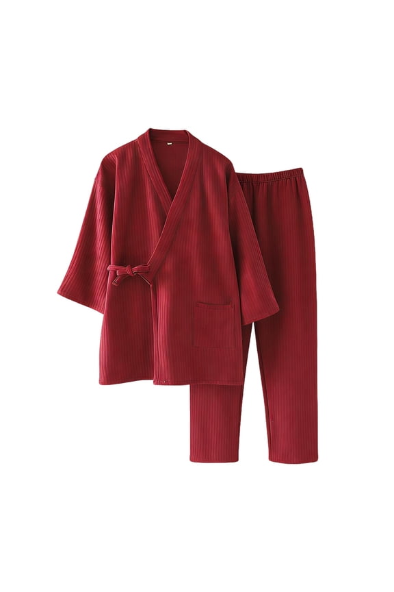 MOJOGO Men's Pajamas Set Solid Color Long Sleeve Kimono Robe with Pants Spa Sauna Bathrobe Sleepwear Set Loungwear Suit Wine M