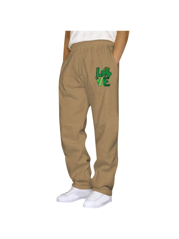 Men's Pants Casual Drawstring Waist Elastic Trouser Straight Leg Athletic Bottom St. Patrick's Day Pants Khaki-1 4XL