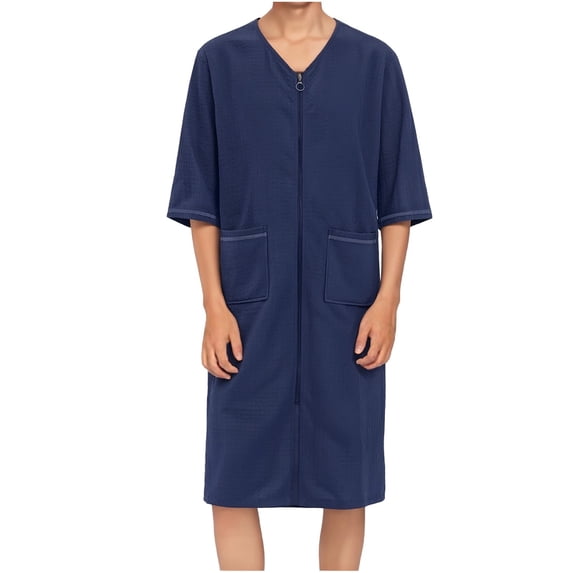 MOJOGO Men's Plus Size Sleepwear Lightweight Zipper Quick-Dry Bathrobes Soft Nightgown with Pockets for Every Season Navy 2XL