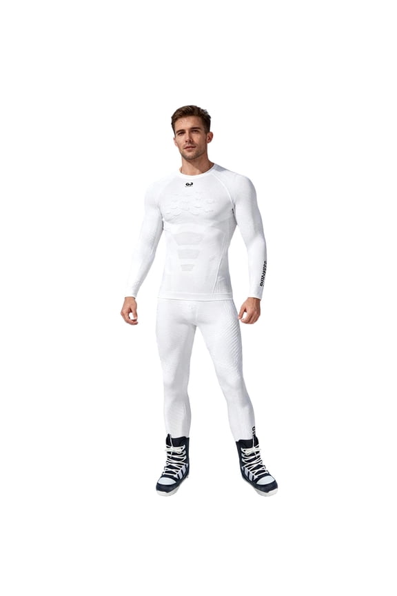 MOJOGO Men's Ski Thermal Underwear Set Quick Dry Crewneck Top Long Johns Warm Base Layer for Outdoor Cycling Running Hiking Sports White 2XL