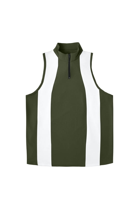 MOJOGO Men's Tank Tops Color-Block Sleeveless Sirt Mock Neck Half-Zip Vest Loose Striped Undershirts Olive Green S