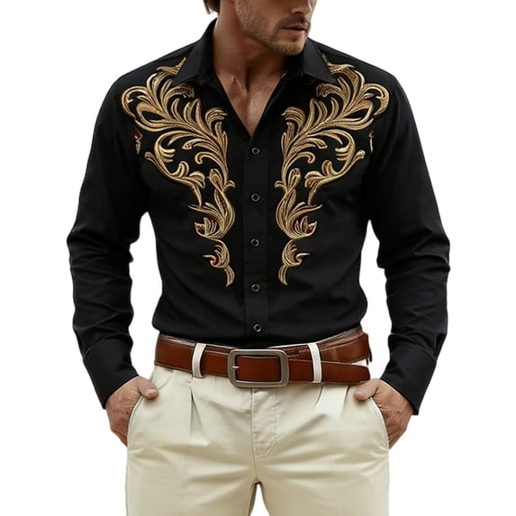 MOJOGO Men's Western Shirt Floral Print Long Sleeve Cowboy Shirt Buttons Down Shirts for Party Casual Spring Summer Outfits 2XL
