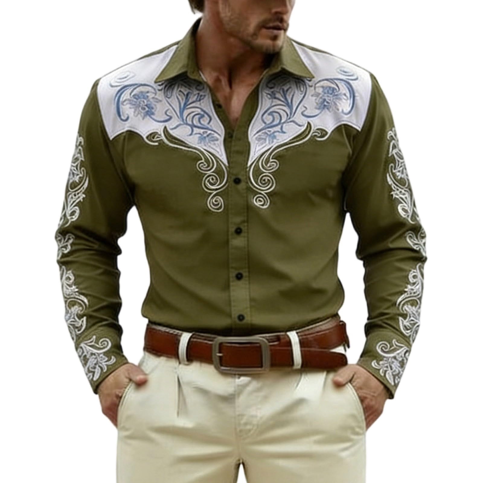 MOJOGO Men's Western Shirt Floral Print Long Sleeve Cowboy Shirt ...
