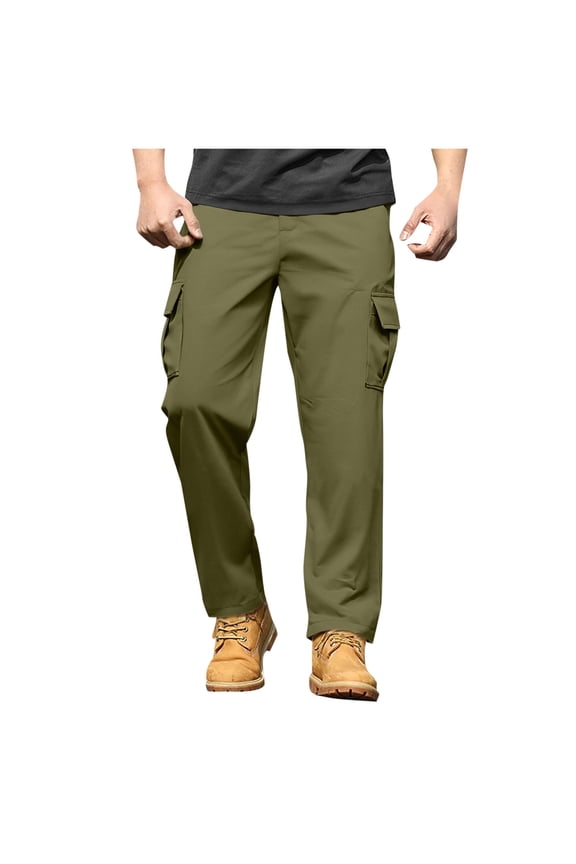 MOJOGO Mens Cargo Pants Casual Elastic Waist Trouser Travel Hiking Workout Pants with Flap Pockets Olive Green S