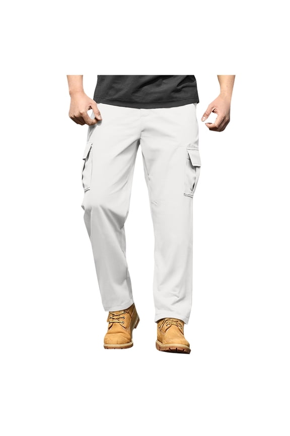MOJOGO Mens Cargo Pants Casual Elastic Waist Trouser Travel Hiking Workout Pants with Flap Pockets White 2XL