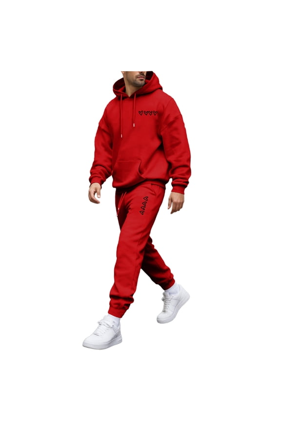 MOJOGO Mens Sweat Set Casual Long Pullover Hoodie Jogger Sweatpants Valentines Printed Two Piece Tracksuits Sweatsuits for Running Jogging Red M