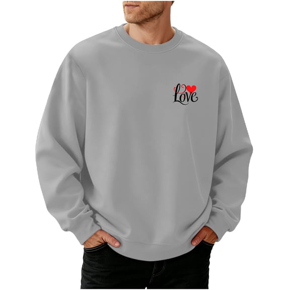 MOJOGO Mens Sweatshirts Casual Crewneck Pullover Tops Oversized Long Sleeve Shirts Heart Love Printed Valentine's Day Wear Gray M