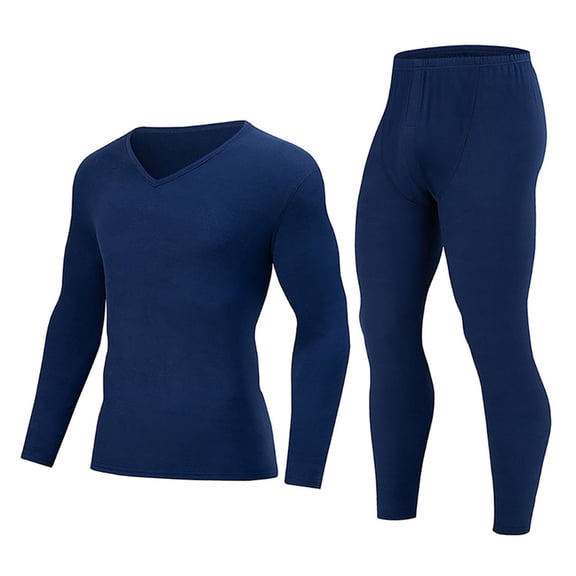MOJOGO Mens V Neck Base Layer Set Breathable Long Johns with Long Sleeve Crewneck Tops 2 Piece Thermal Underwear Set Blue S