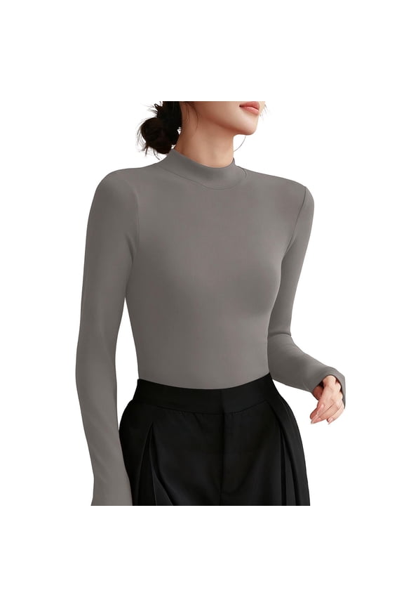 MOJOGO Mock Neck Tops for Women Solid Long Sleeve Pullover Tops Casual Trendy Tunic Base Layer Gray XL