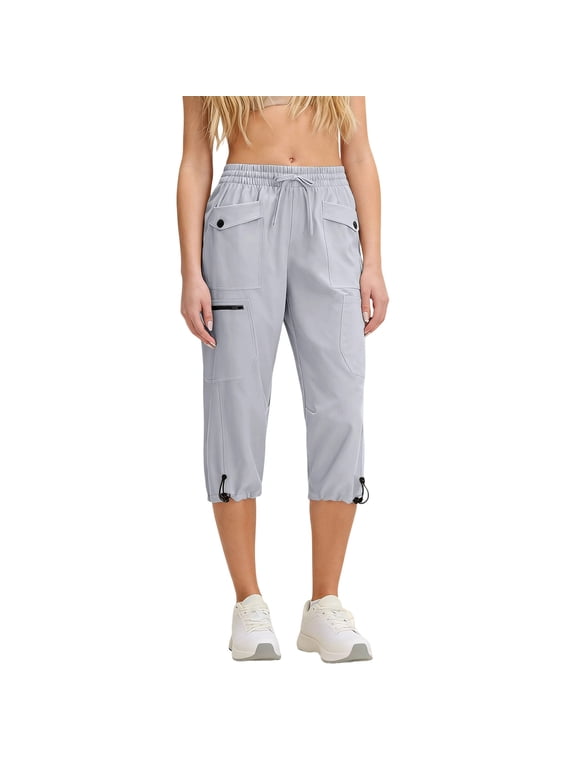 MOJOGO Outdoor Cargo Pants for Women Drawstring Waist Stretch Capris with Multi Pockets Summer Sportwear Golf Casual Pants M