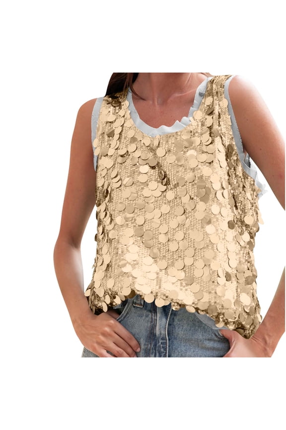 MOJOGO Oversized Sequin Tops for Women Crewneck Lined Sleeveless Blouse Casual Festival Camisoles for Summer Wear Beige S
