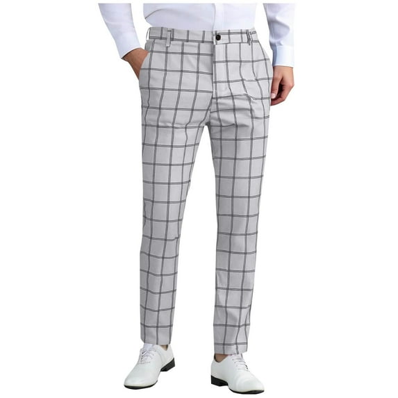 MOJOGO Plaid Dress Pants for Men Casua Stretch Long Trousers Trendy Golf Business Suit Pants Chino Pant with Pockets Gray M