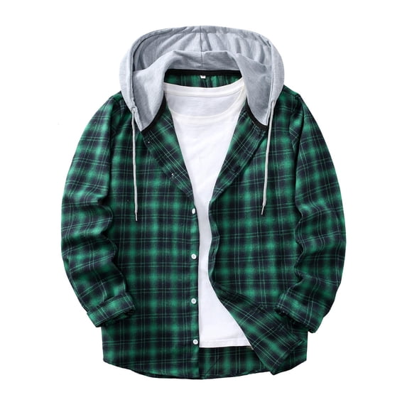 MOJOGO Plaid Shirts for Men Casual Long Sleeve Button Up Jackrts Loooe Hooded Top for Daily & Spring Wear Dark Green L