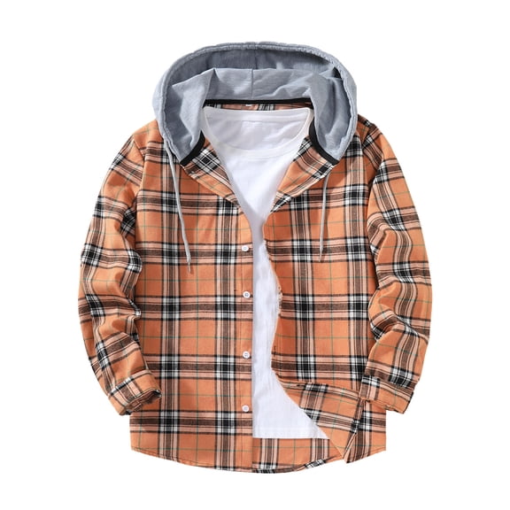 MOJOGO Plaid Shirts for Men Casual Long Sleeve Button Up Jackrts Loooe Hooded Top for Daily & Spring Wear Orange M