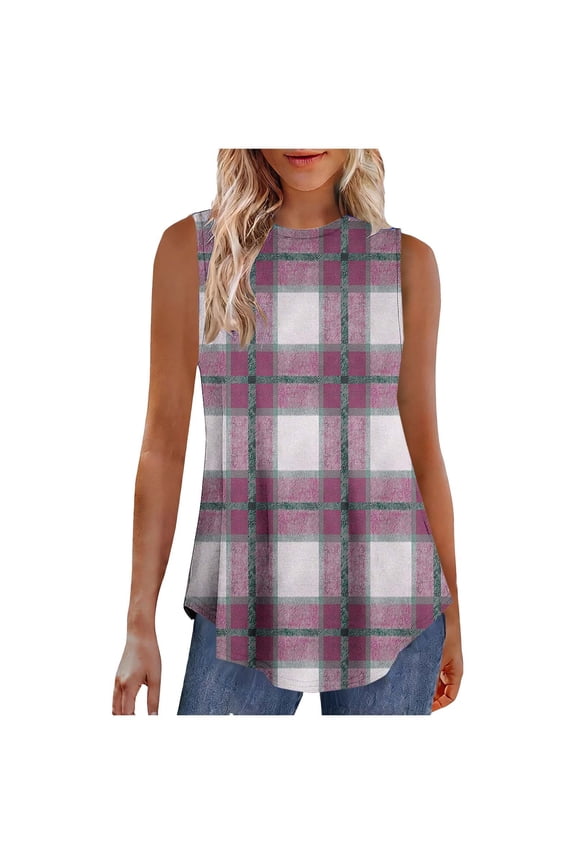 MOJOGO Plaid Tank Tops for Women Casual Fashion Summer Loose design Curved hem Sleeveless Blouses Casual Crewneck Cami Purple 2XL