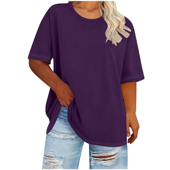 MOJOGO Plus Size Tops for Women Oversized Crewneck Short Sleeve Tee Casual Spring Summer Basic T-Shirt Purple 5XL