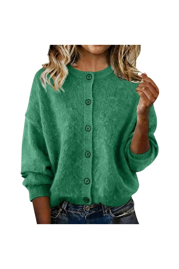 MOJOGO Plush Sweaters for Women Loose Long Sleeve Crewneck Pullover Tops Soft Knitted Sweaters for Spring Daily Wear Green S