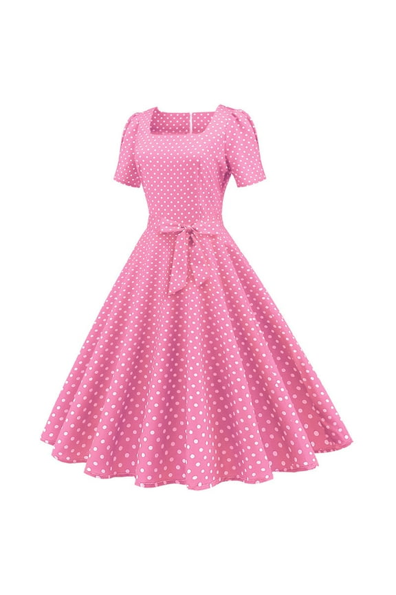 MOJOGO Polka Dot Dresses for Women Retro Classic Square Neck Dress Sweet Bow Maxi Dress for Summer Wear Pink 2XL