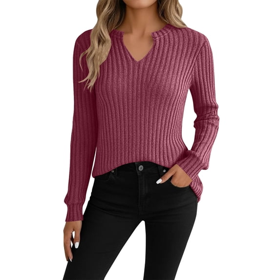 MOJOGO Ribbed Knit V-Neck Tops for Women Causal Long Sleeve Pullover Comfy Loungwear Spring Fall Daily Outfit Top Hot Pink 2XL