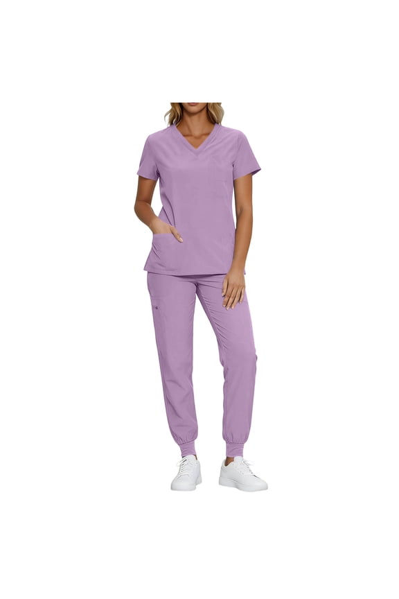MOJOGO Scrub Set for Women V Neck Short Sleeve Top Jogger Pants with Pocket Summer 2 Piece Work Uniform Purple M