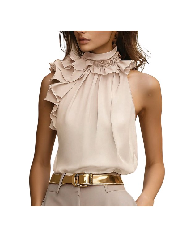 MOJOGO Sleeveless Blouses for Women Breathable Halter Mock Neck Top Elegant Spring Summer Shirts for Evening Party L