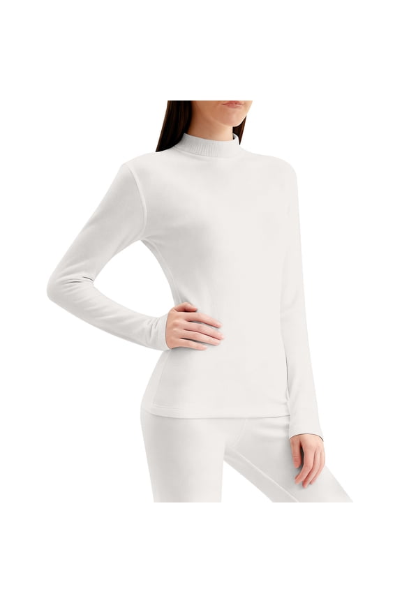 MOJOGO Solid Underwear Sets for Women Long Sleeve Mock Neck Tops Long Bottoms Fleece Lined Base Layer Sets for Cold Weather White L