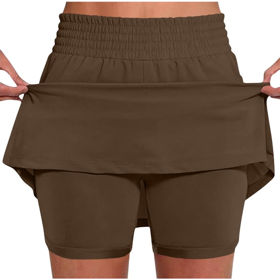 MOJOGO Sport Skort Women Solid Color High Waisted Athletic Skort Quick Dry Elastic Waist Tennis Golf Skirt with Built-in Shorts Workout Yoga Casual Active Wear Brown L