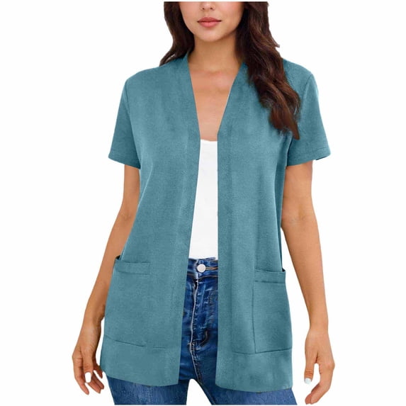 MOJOGO Spring Summer Cardigan for Women Lightweigh Short Sleeve Jackets Open Front Tops with Pocketst Casual Outfits 2XL