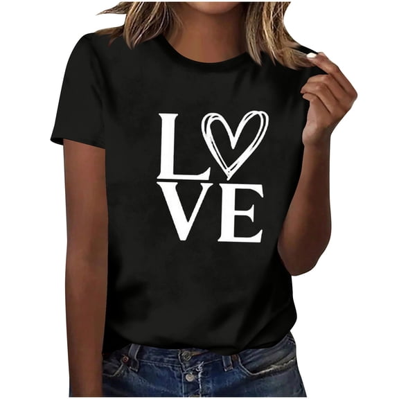 MOJOGO Spring Summer T Shirts for Women Loose Love Printed Valentines Tees Casual Short Sleeve Crewneck Top for Everyday Wear Black 2XL