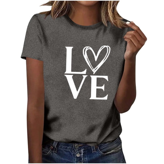 MOJOGO Spring Summer T Shirts for Women Loose Love Printed Valentines Tees Casual Short Sleeve Crewneck Top for Everyday Wear