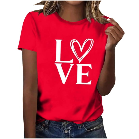 MOJOGO Spring Summer T Shirts for Women Loose Love Printed Valentines Tees Casual Short Sleeve Crewneck Top for Everyday Wear Red 2XL